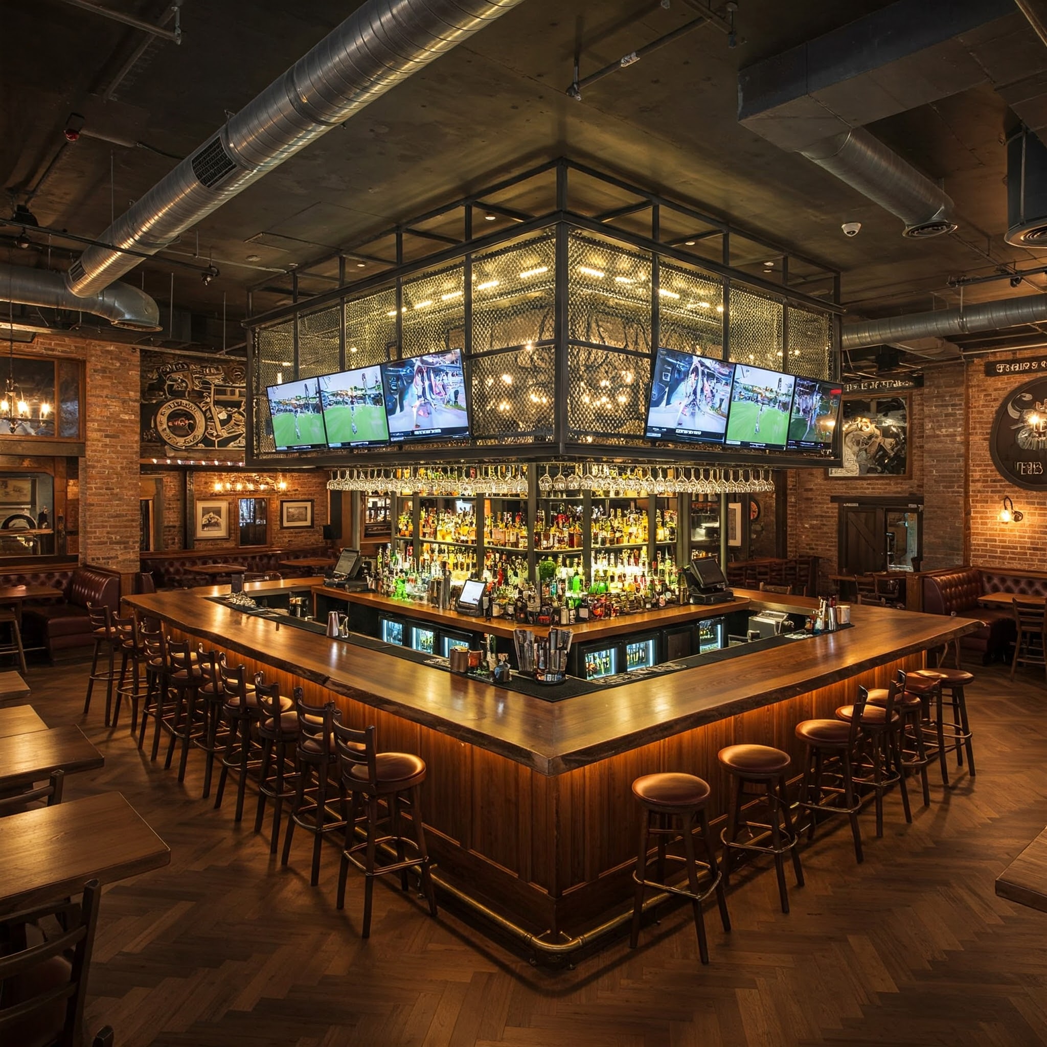 The grand interior of an upscale sports pub, featuring a custom straight-edged bar and solid wood tables.