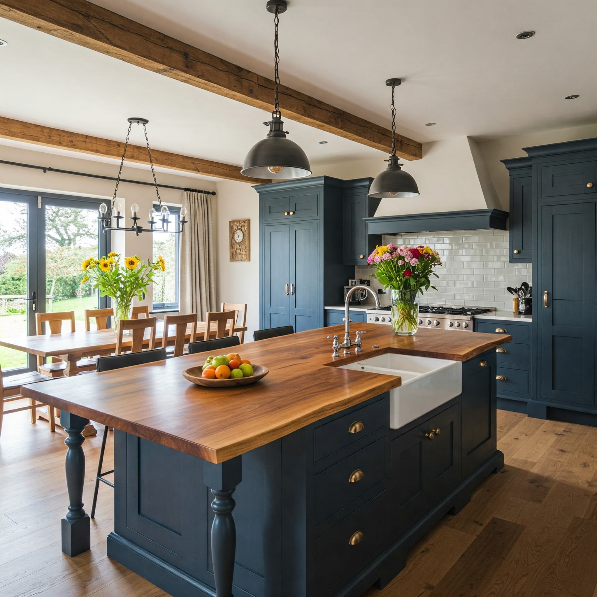 Luxury farmhouse kitchen with dark blue cabinets, a Belfast sink, and an adjoining live edge dining area.
