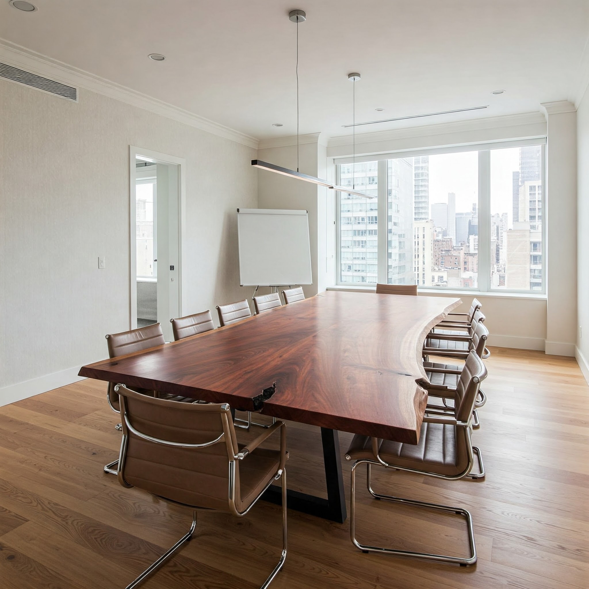 A masterpiece, bespoke boardroom table with a long, sweeping live edge curve and a dark, kintsugi-style repair.