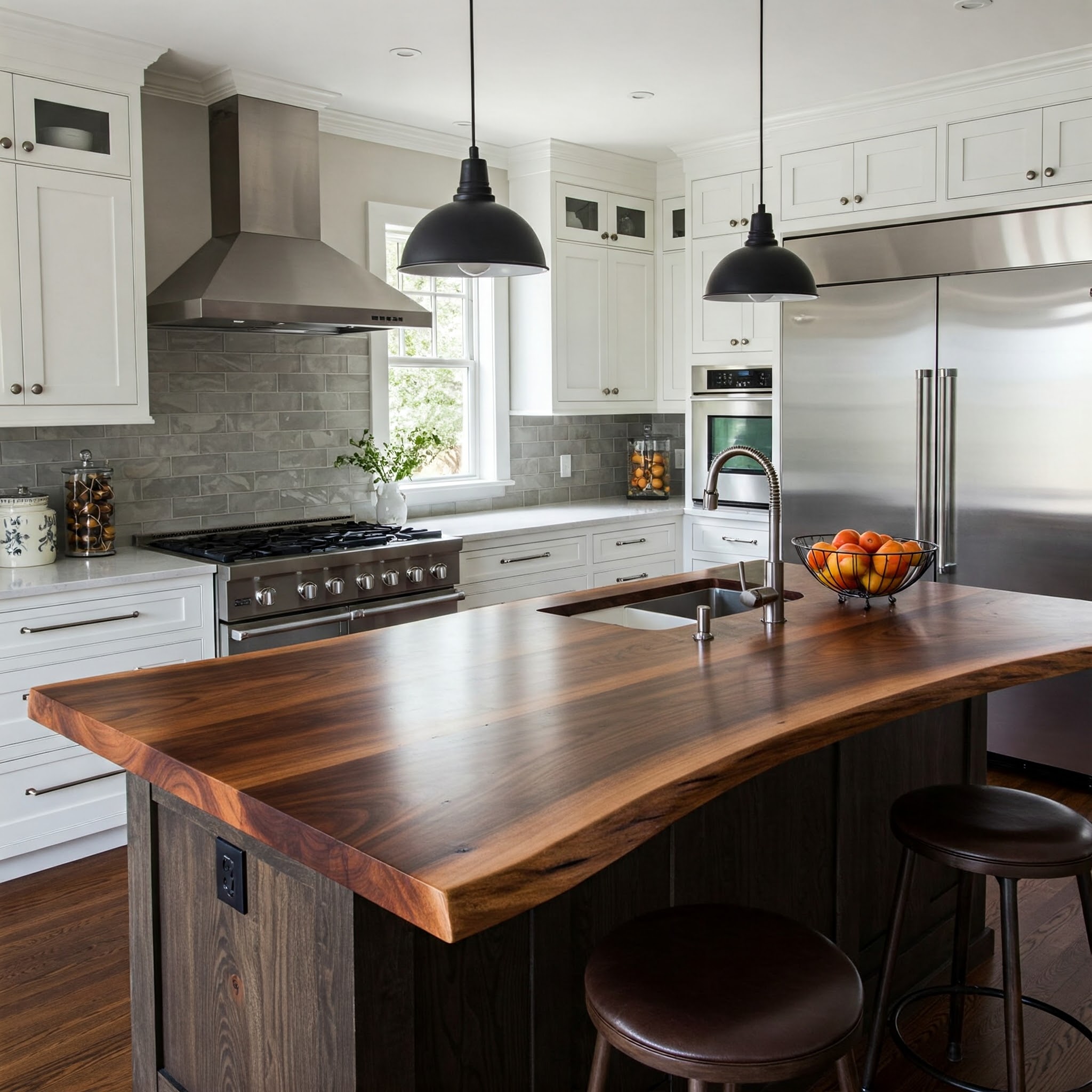 A luxury modern farmhouse kitchen's focus is a live edge island with a thick, rich walnut top and a prep sink.