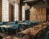 An industrial space is transformed into a luxury restaurant with custom wood paneling and one-of-a-kind live edge tables.