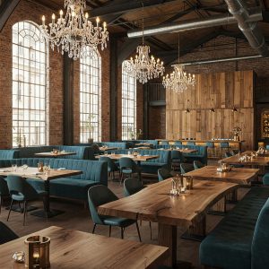 An industrial space is transformed into a luxury restaurant with custom wood paneling and one-of-a-kind live edge tables.