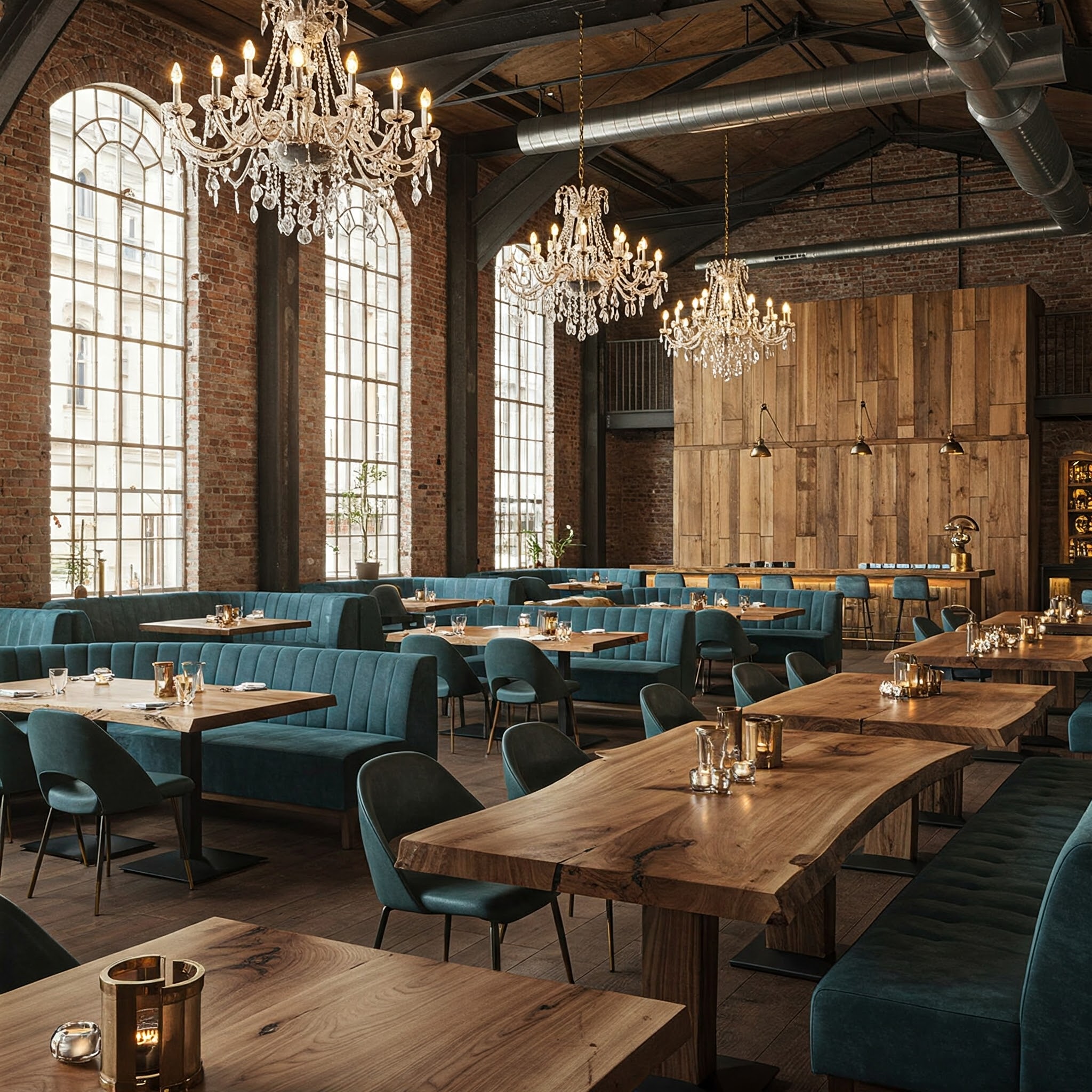 An industrial space is transformed into a luxury restaurant with custom wood paneling and one-of-a-kind live edge tables.