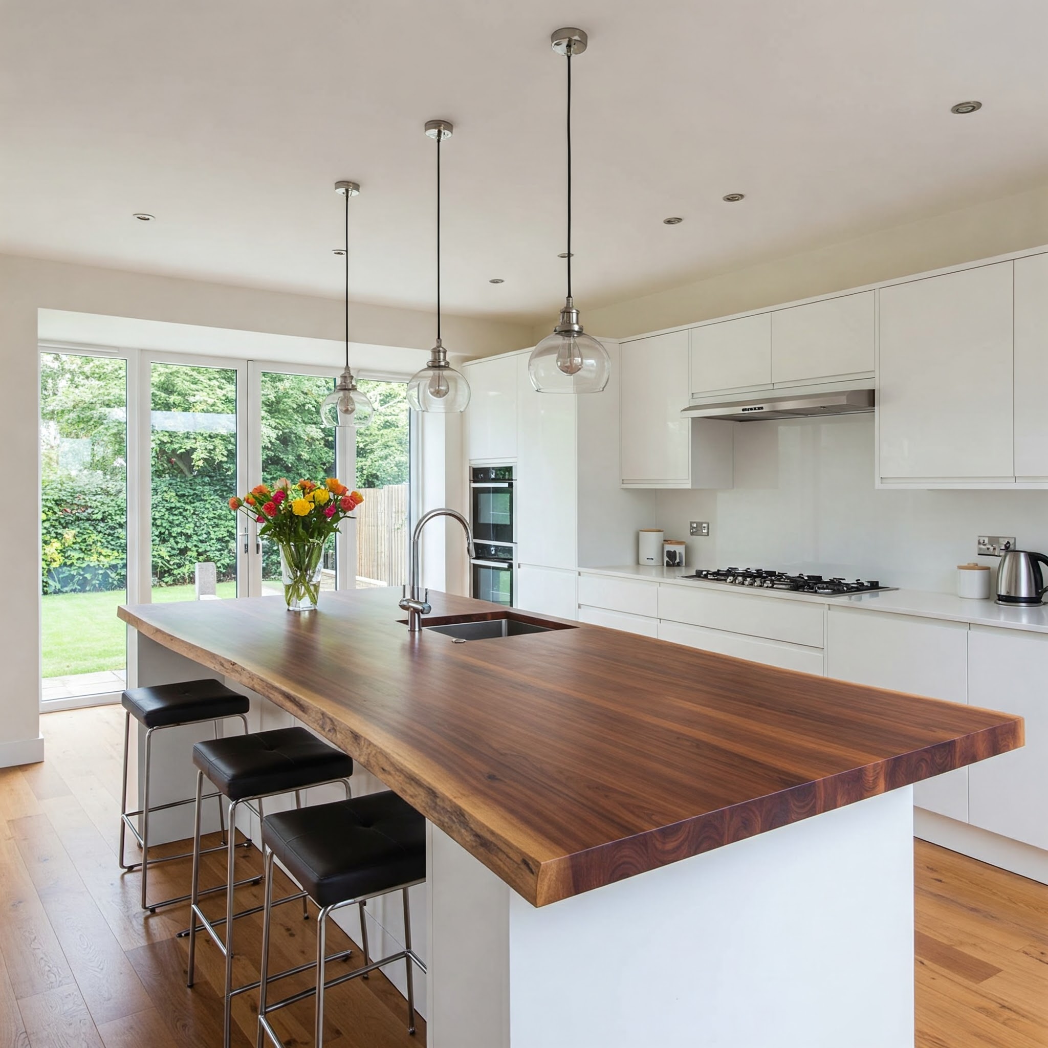 A bright, contemporary kitchen with a large live edge island that serves as a central breakfast bar with a sink.