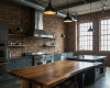 Luxury industrial loft kitchen with a split-level island featuring a thick, live edge wood slab.