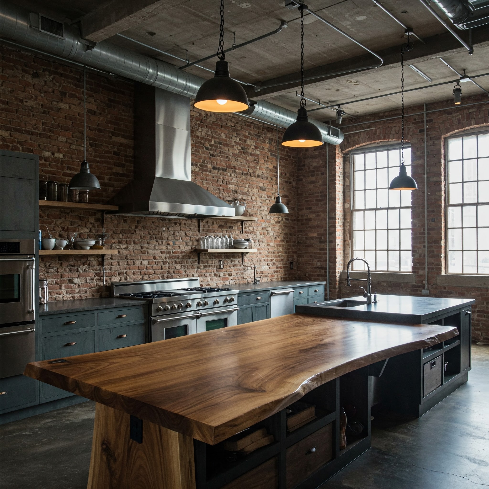 Luxury industrial loft kitchen with a split-level island featuring a thick, live edge wood slab.