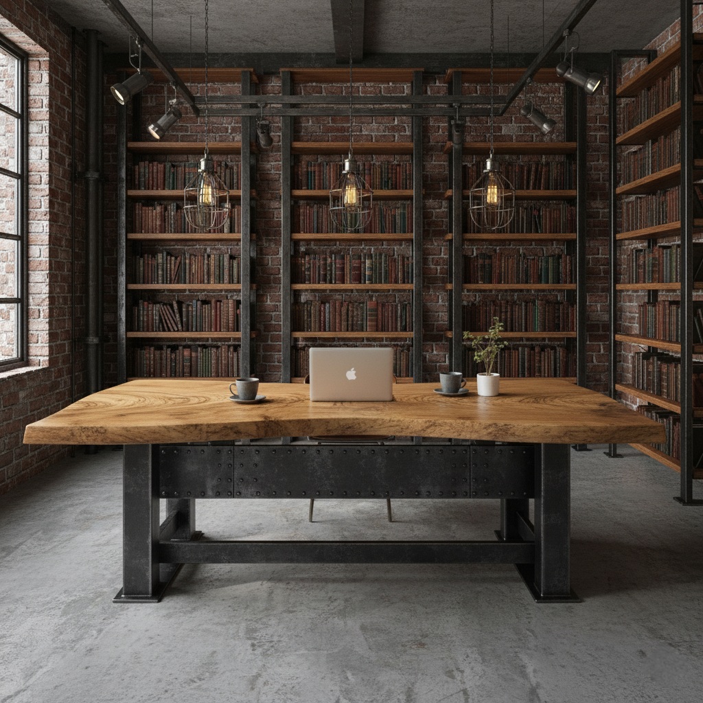 A luxury industrial library's focus is a heavy-duty desk with a thick, one-of-a-kind solid suar slab top.