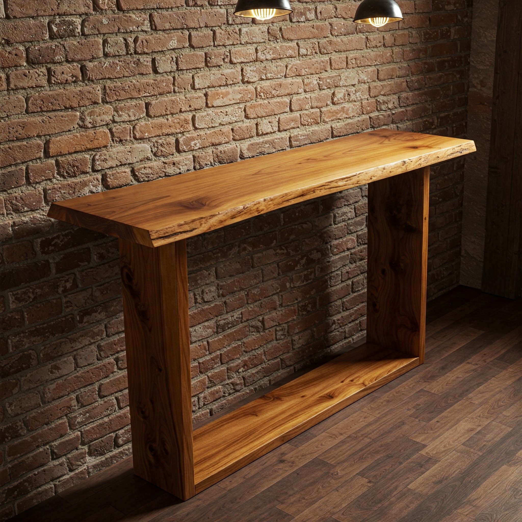 A statement-piece console table with a seamless design, showcasing a masterfully matched grain that creates a fluid, uninterrupted line.