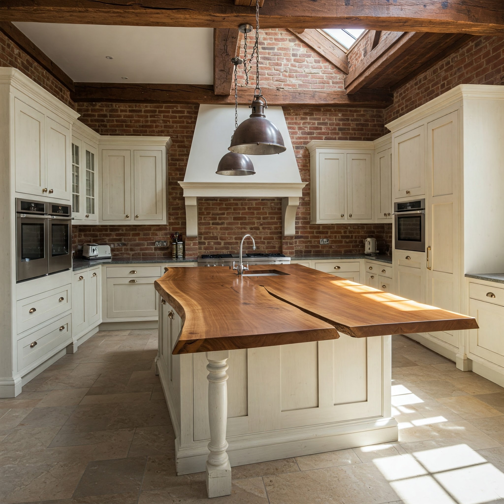 A luxury country kitchen's centerpiece is a unique split-top live edge island with a suar wood worktop.