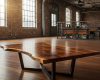 A freeform, single-slab live edge table with a smooth satin lacquer finish, showcasing a dramatic, high-contrast wood grain.