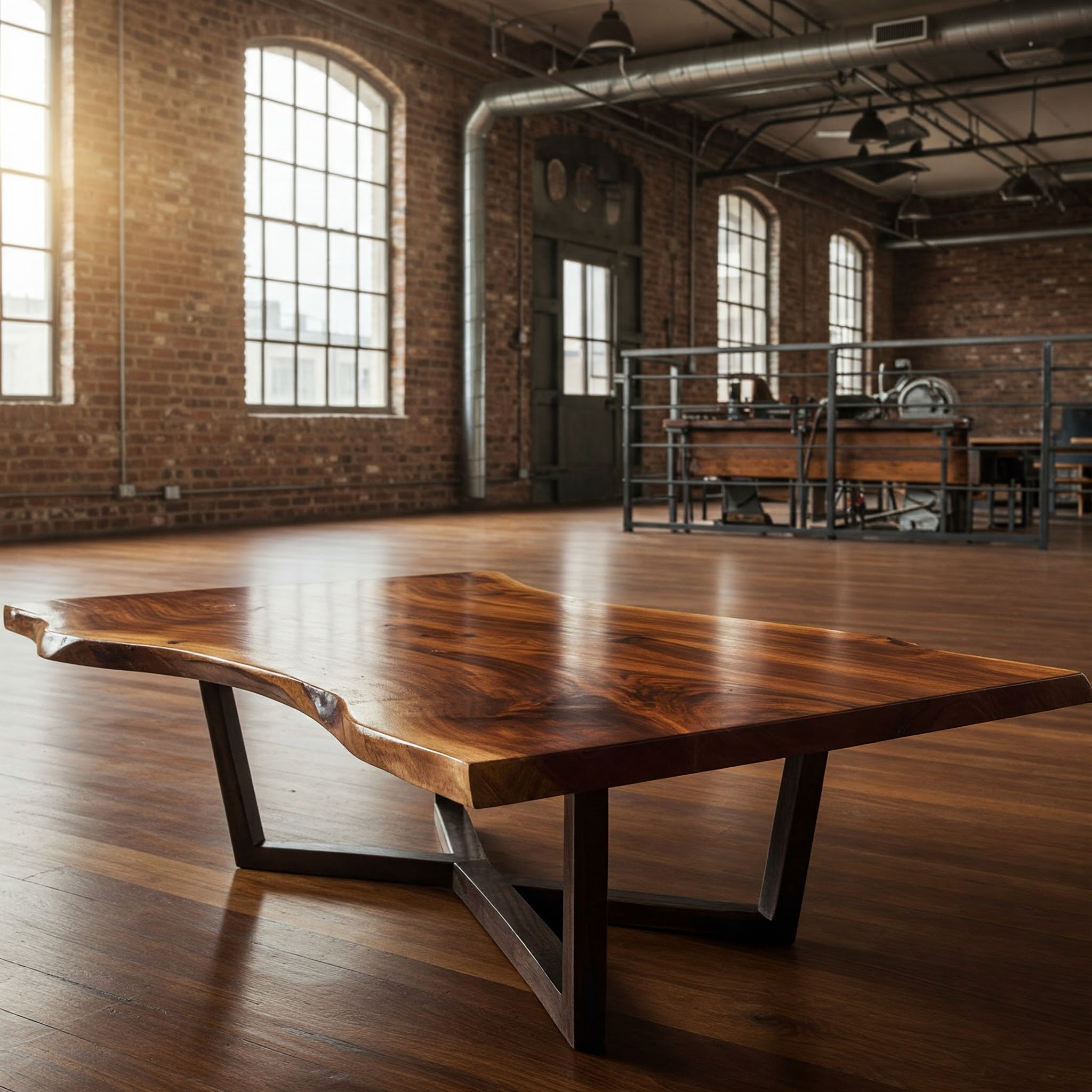 A freeform, single-slab live edge table with a smooth satin lacquer finish, showcasing a dramatic, high-contrast wood grain.