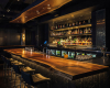 An ultra-luxury modern bar featuring a long, single-slab live edge wood top and a matching floating wood canopy.
