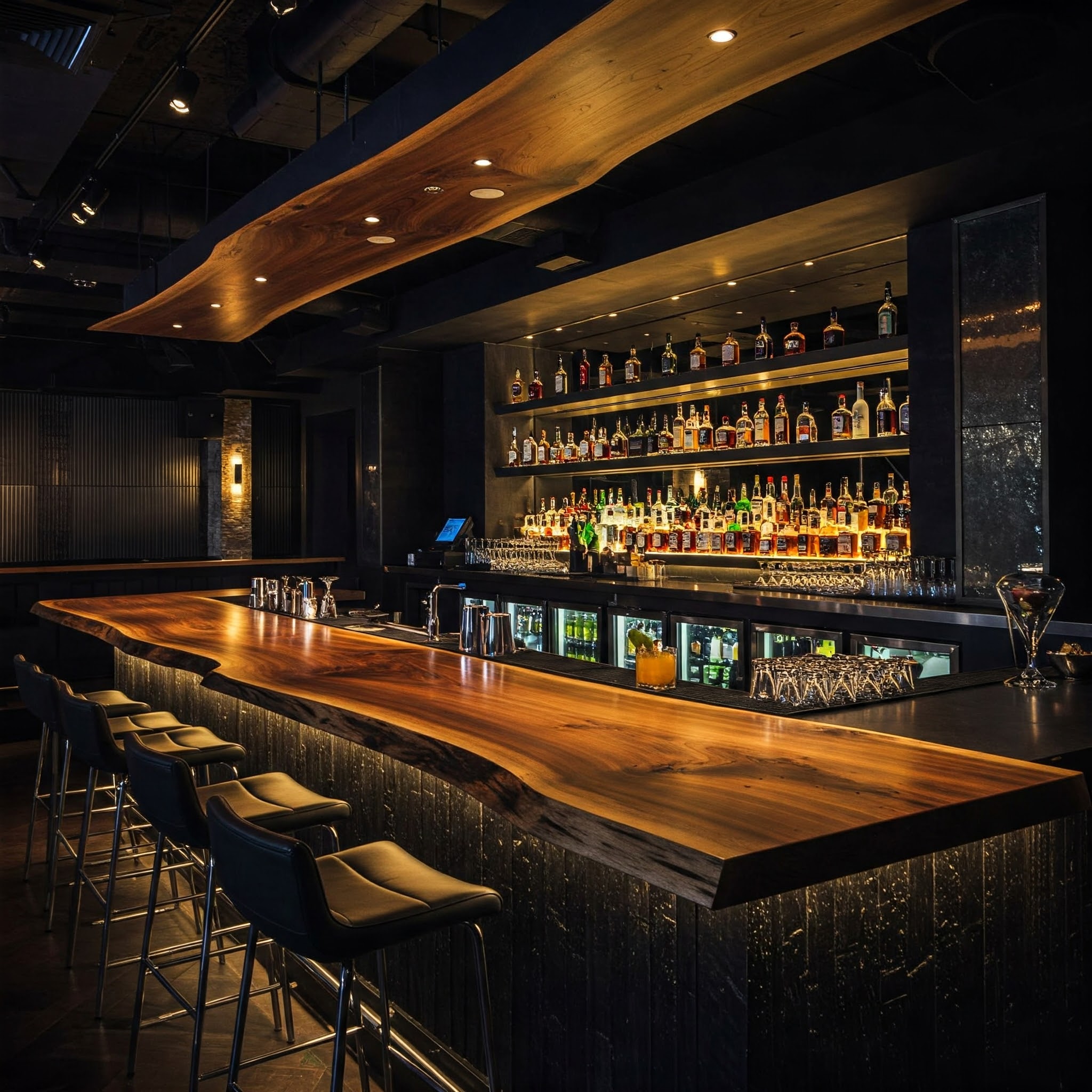 An ultra-luxury modern bar featuring a long, single-slab live edge wood top and a matching floating wood canopy.