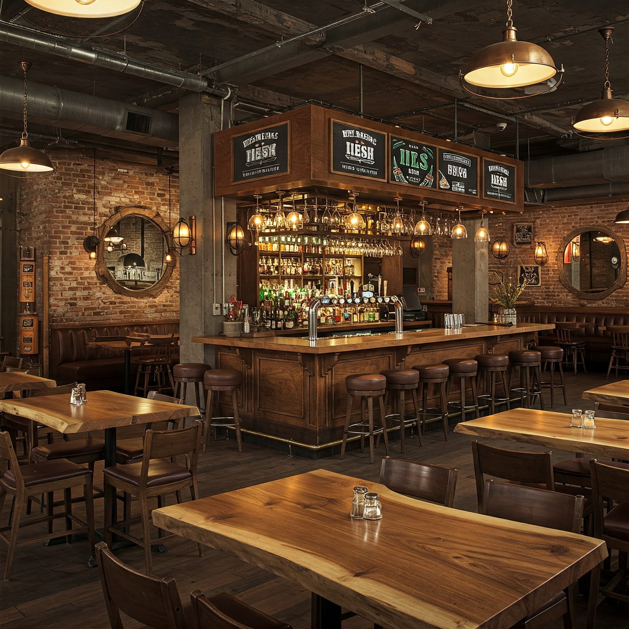 A luxury classic pub with industrial touches, featuring bespoke live edge tables and a traditional wood bar.