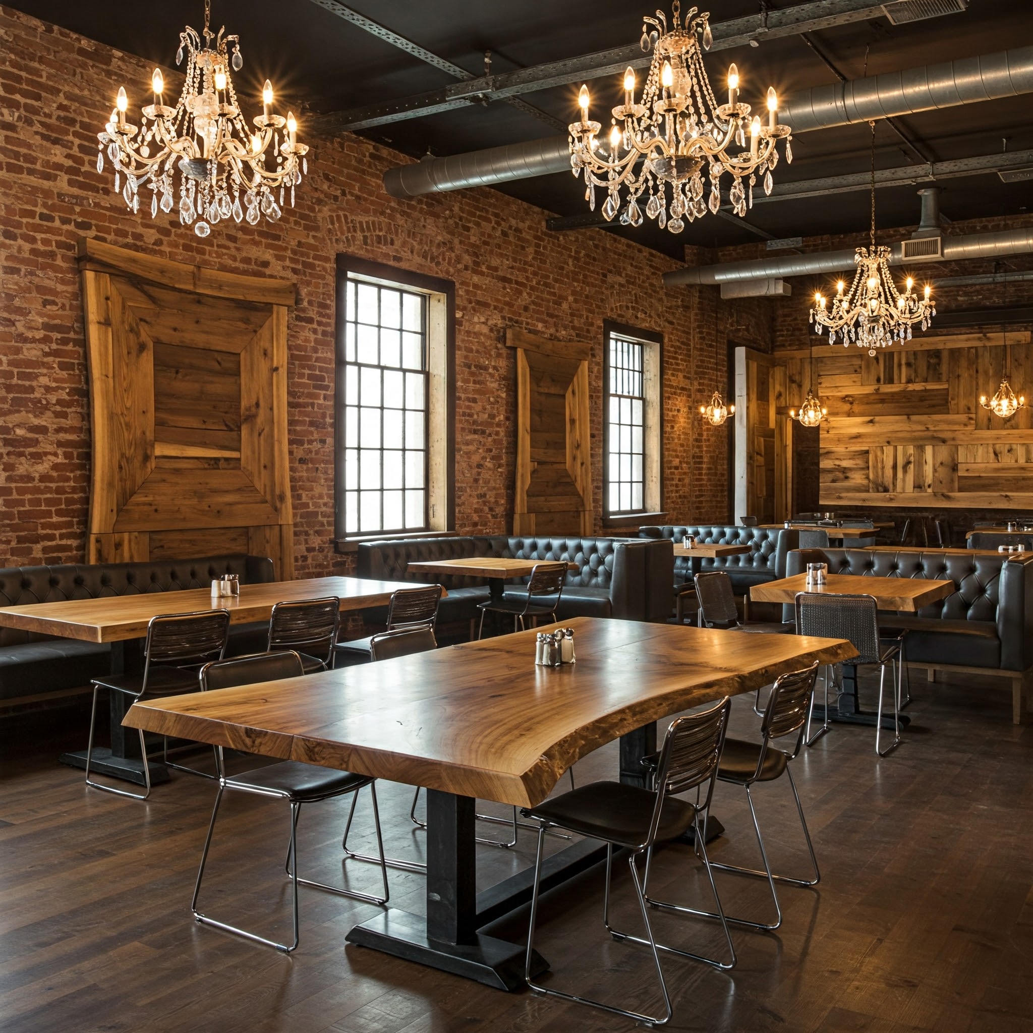 Live edge tables and rustic wood paneling elevate the industrial aesthetic of this unique, one-of-a-kind restaurant.