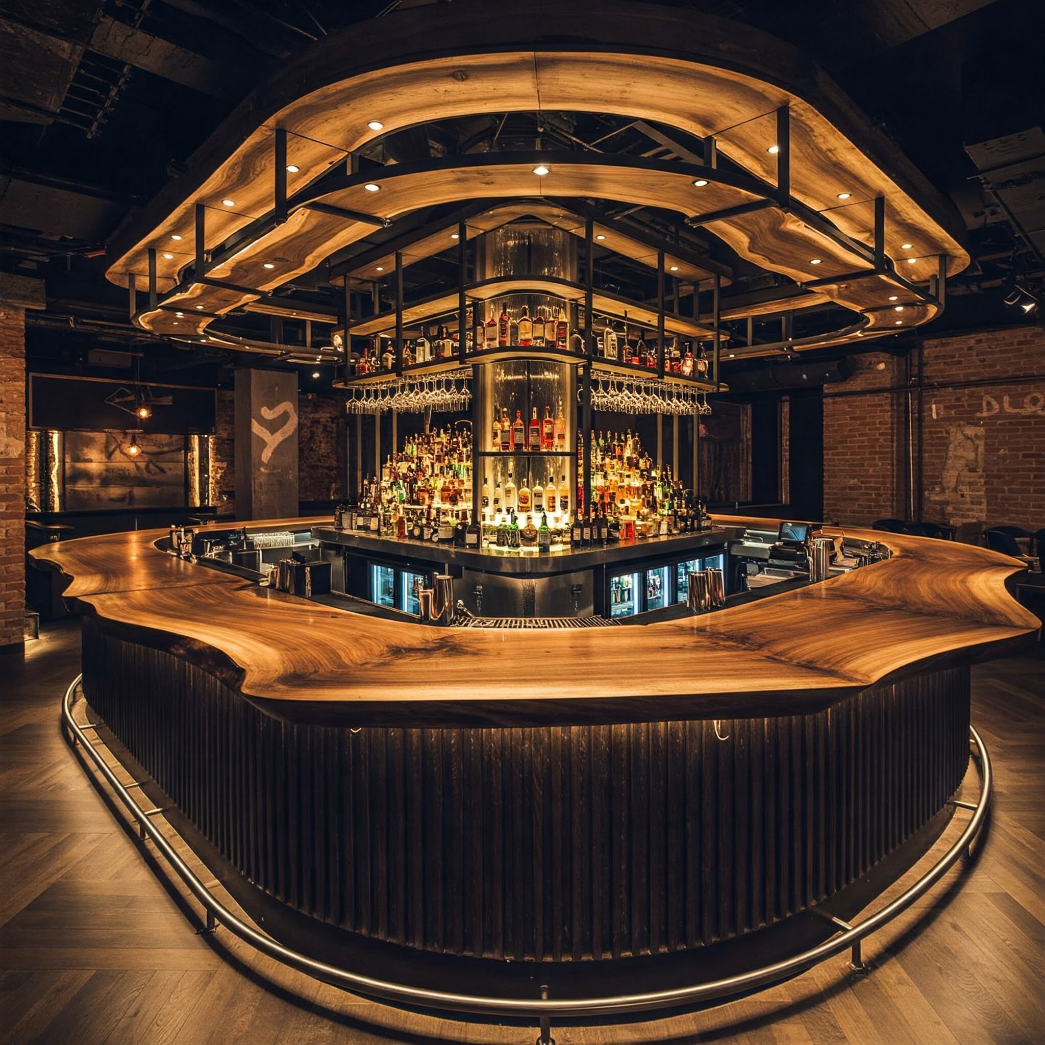 A masterpiece bar installation with a live edge suar wood top, mirrored by a unique, suspended wood canopy above.