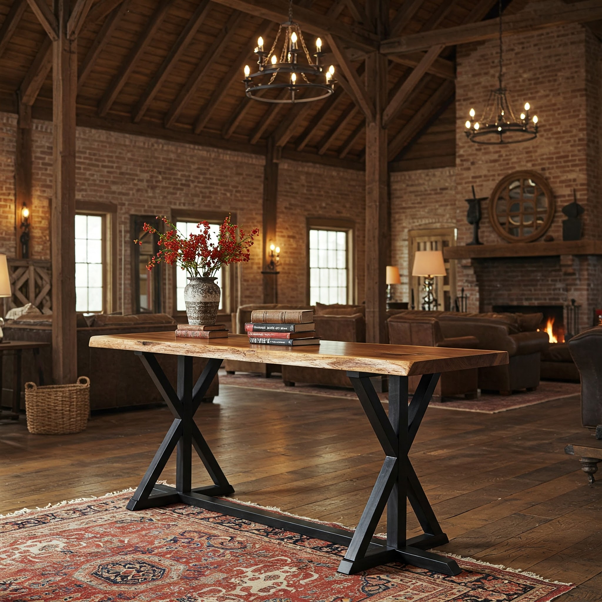 A thick, rustic-industrial live edge console table, crafted from a single slab with a rugged natural edge and a warm, character-rich grain.