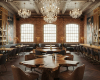 A luxury restaurant featuring a one-of-a-kind, freeform live edge table as its sculptural centerpiece.