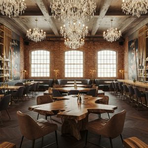 A luxury restaurant featuring a one-of-a-kind, freeform live edge table as its sculptural centerpiece.