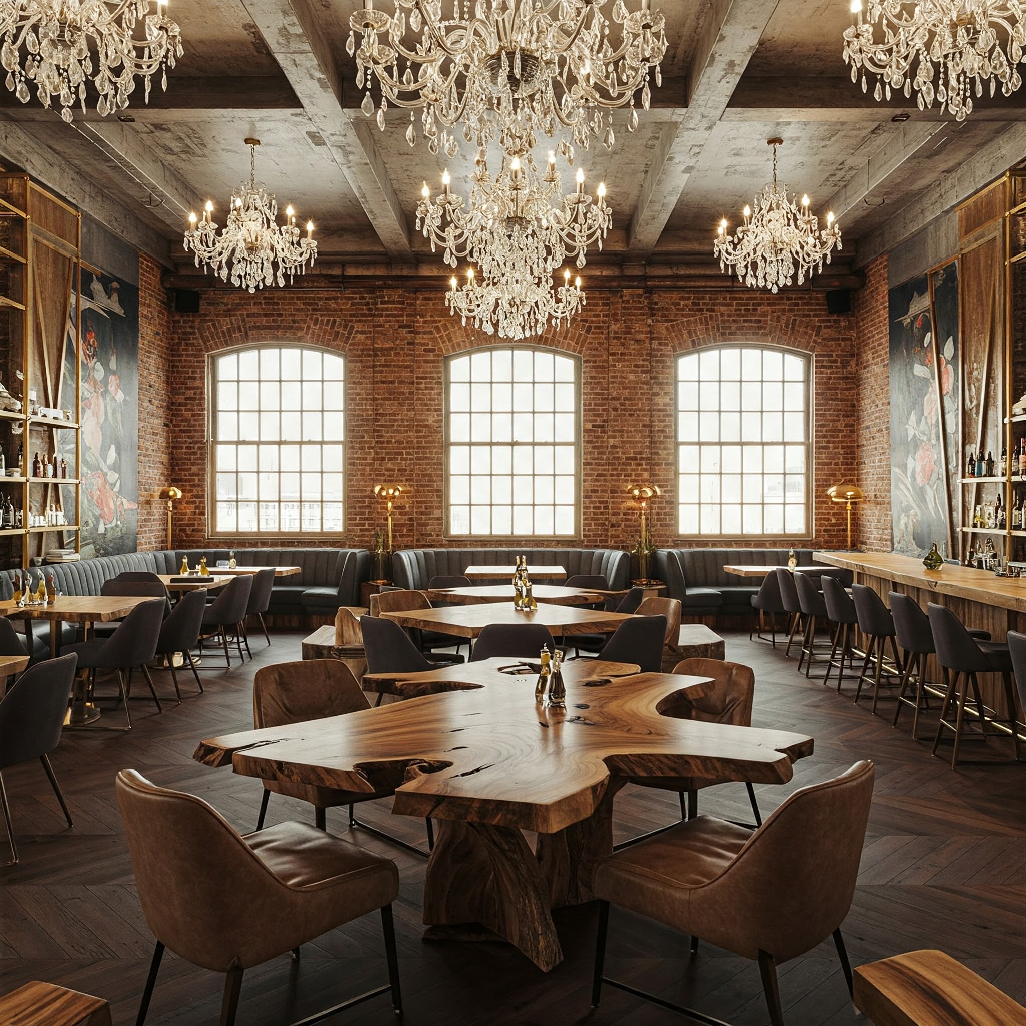 A luxury restaurant featuring a one-of-a-kind, freeform live edge table as its sculptural centerpiece.