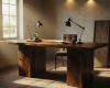An heirloom-quality solid wood desk with a thick, natural edge top, the centerpiece of a minimalist luxury study.