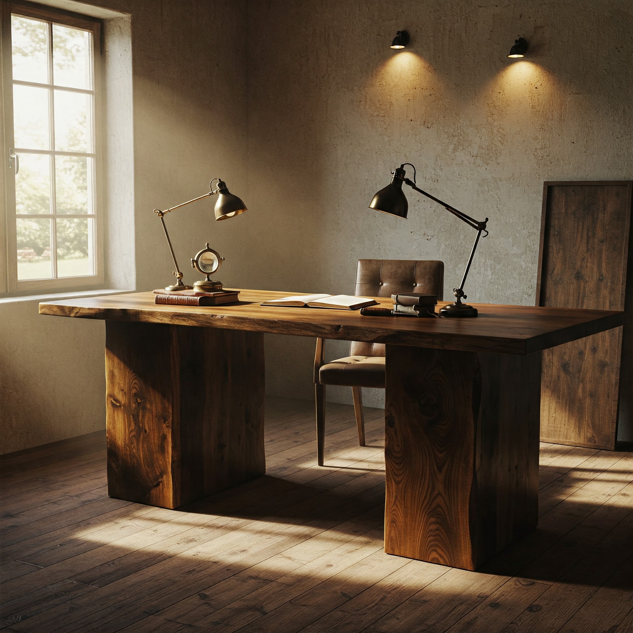 An heirloom-quality solid wood desk with a thick, natural edge top, the centerpiece of a minimalist luxury study.