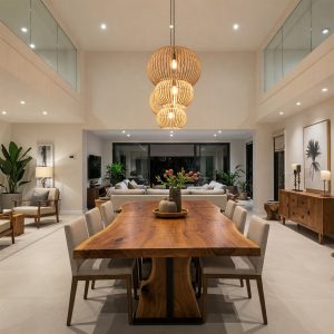 A 10-seater suar dining tabletop with a liquid, molten-flow live edge and a prominent central burl that anchors the grain.