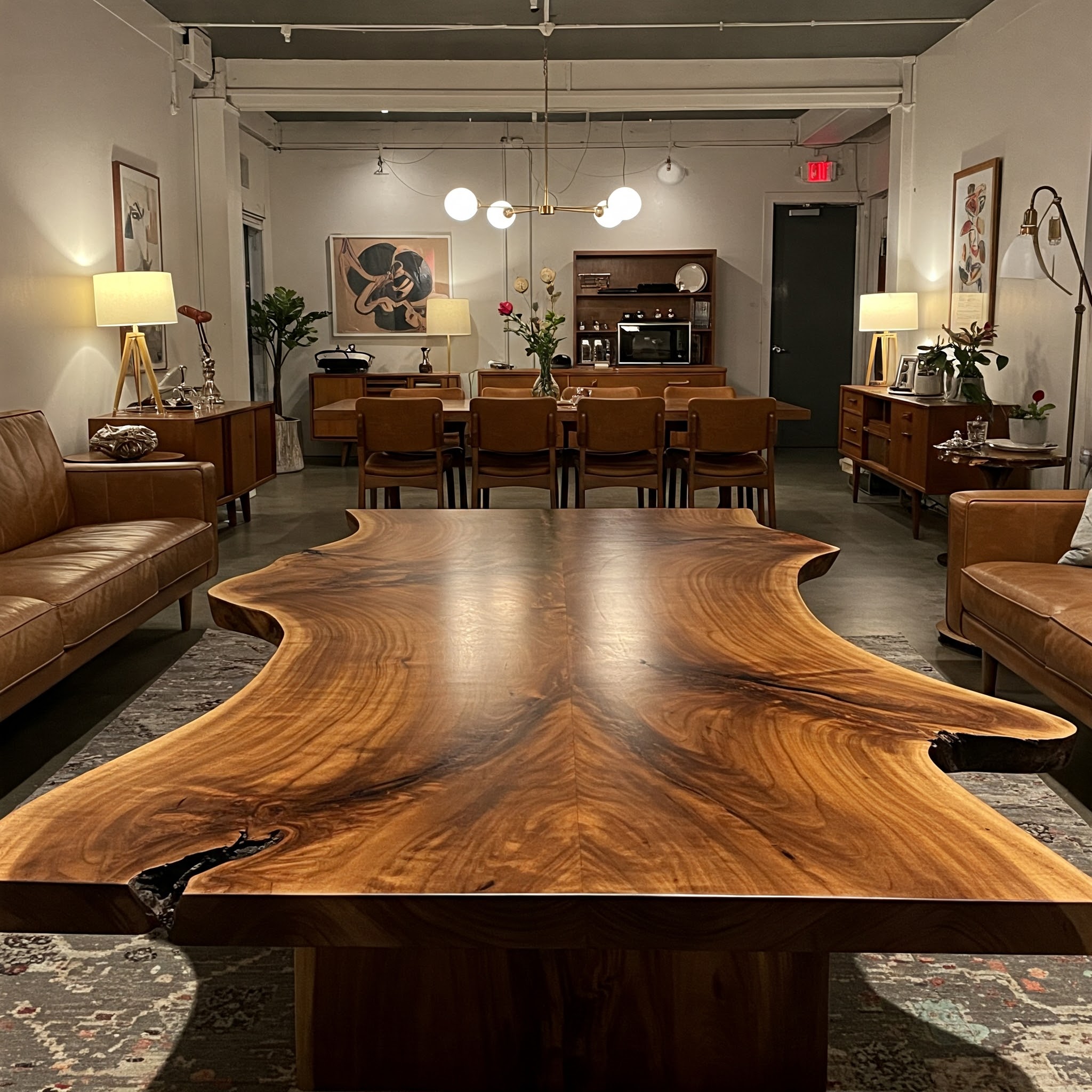 A monumental, bookmatched suar living room table with a perfectly symmetrical grain and a prominent, dark kintsugi-style inlay.