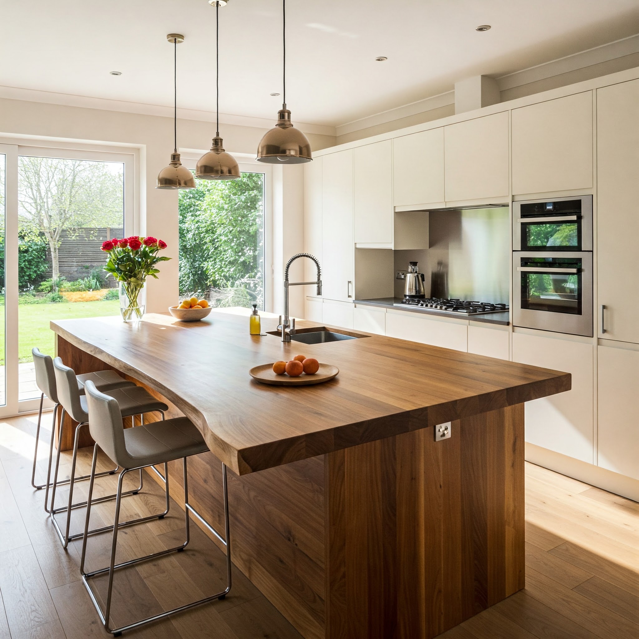 A luxury open-plan kitchen's focus is a live edge waterfall island with a breakfast bar and minimalist white cabinets.