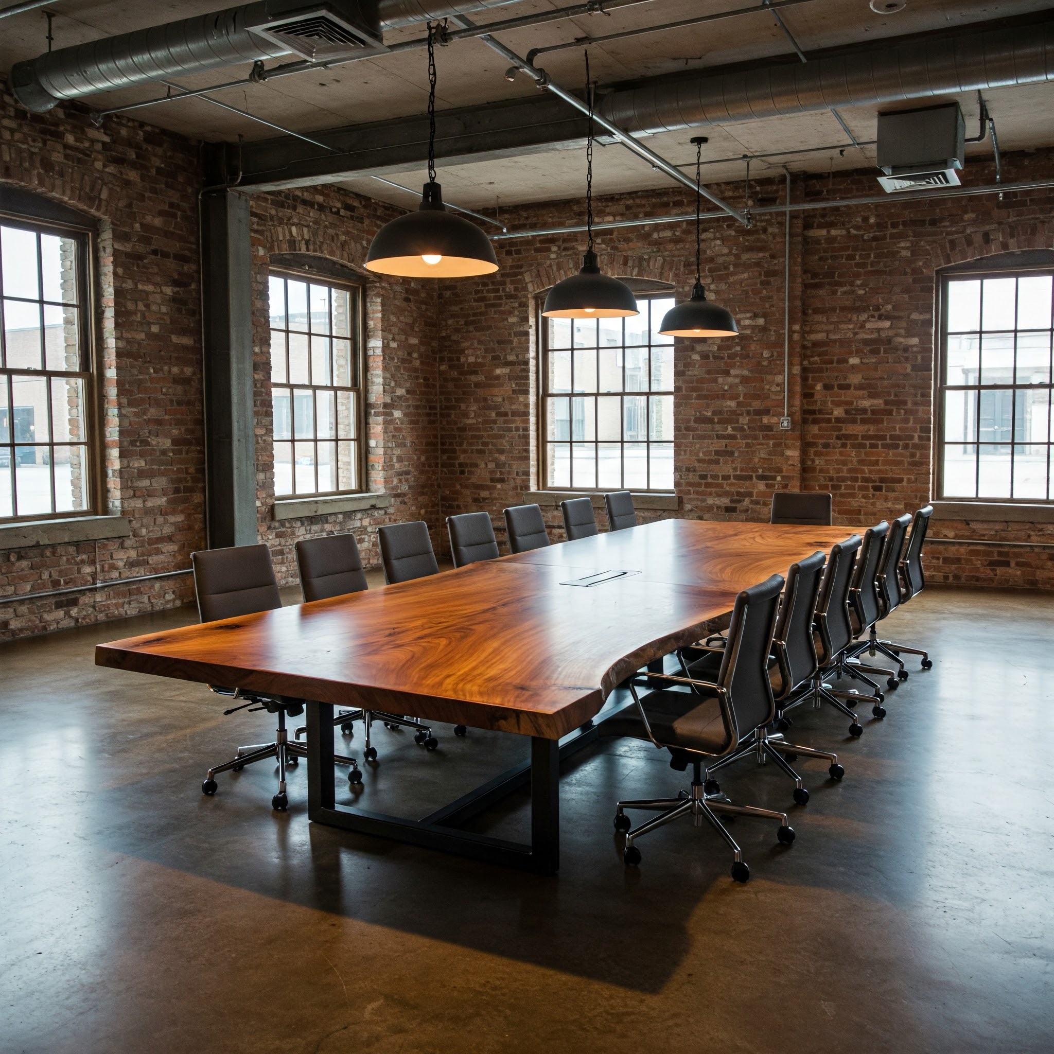 A colossal, 16-seater live edge boardroom tabletop from an out-of-scale slab with an integrated central tech channel.