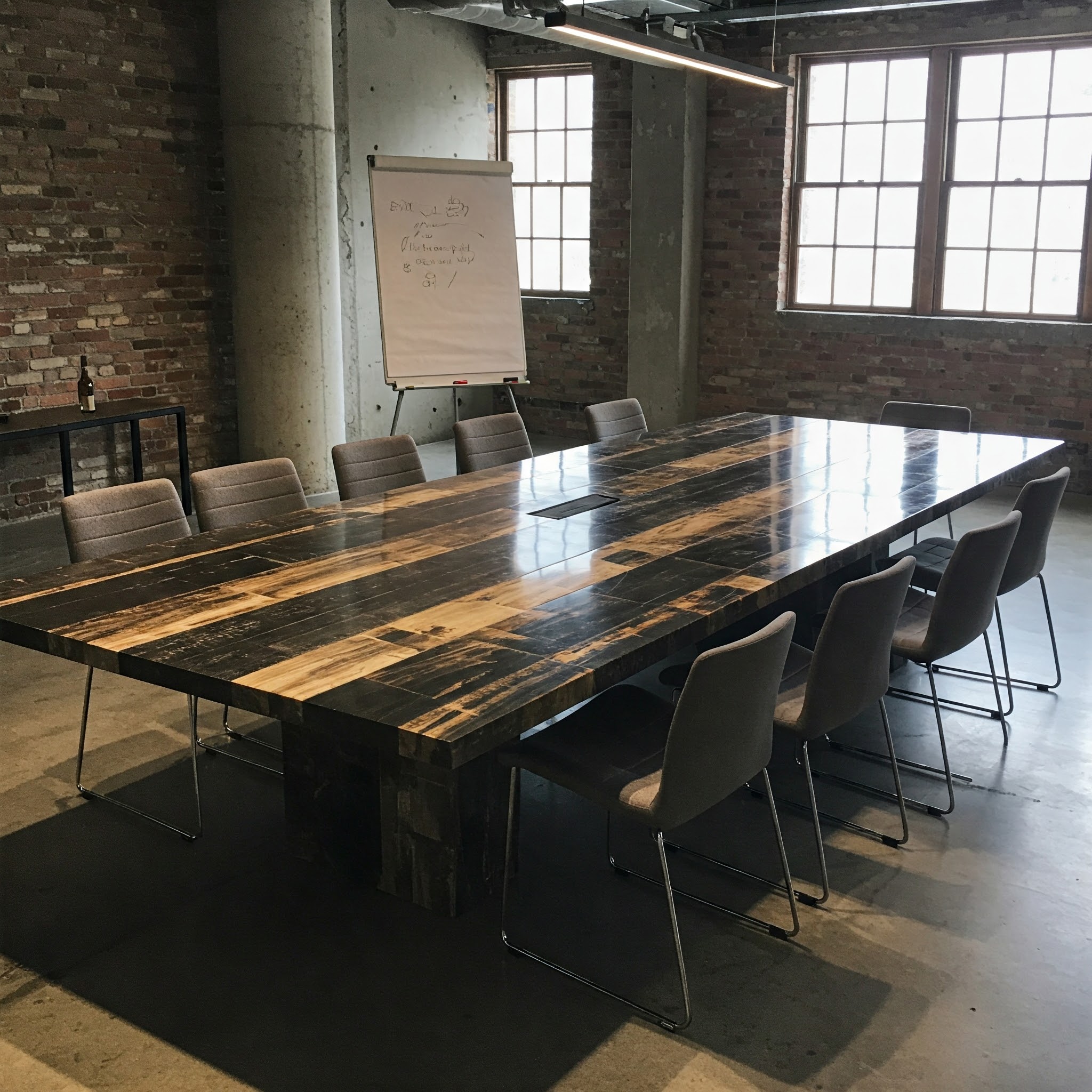 A 12-seater masterpiece conference tabletop made from petrified wood with a high-contrast striped pattern and a tech hub.