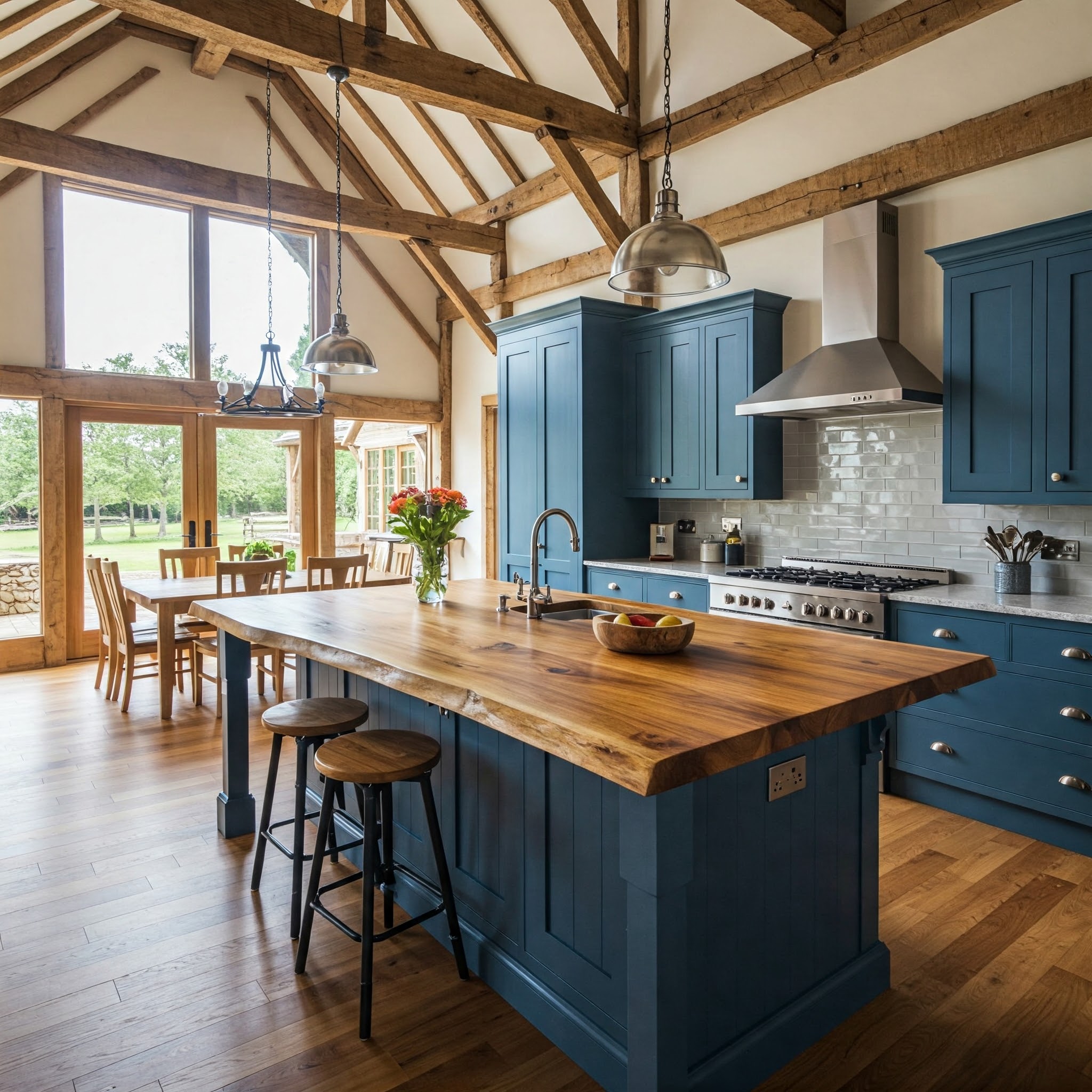 Luxury barn conversion kitchen with a vaulted ceiling, exposed beams, blue cabinets, and a rustic live edge island.