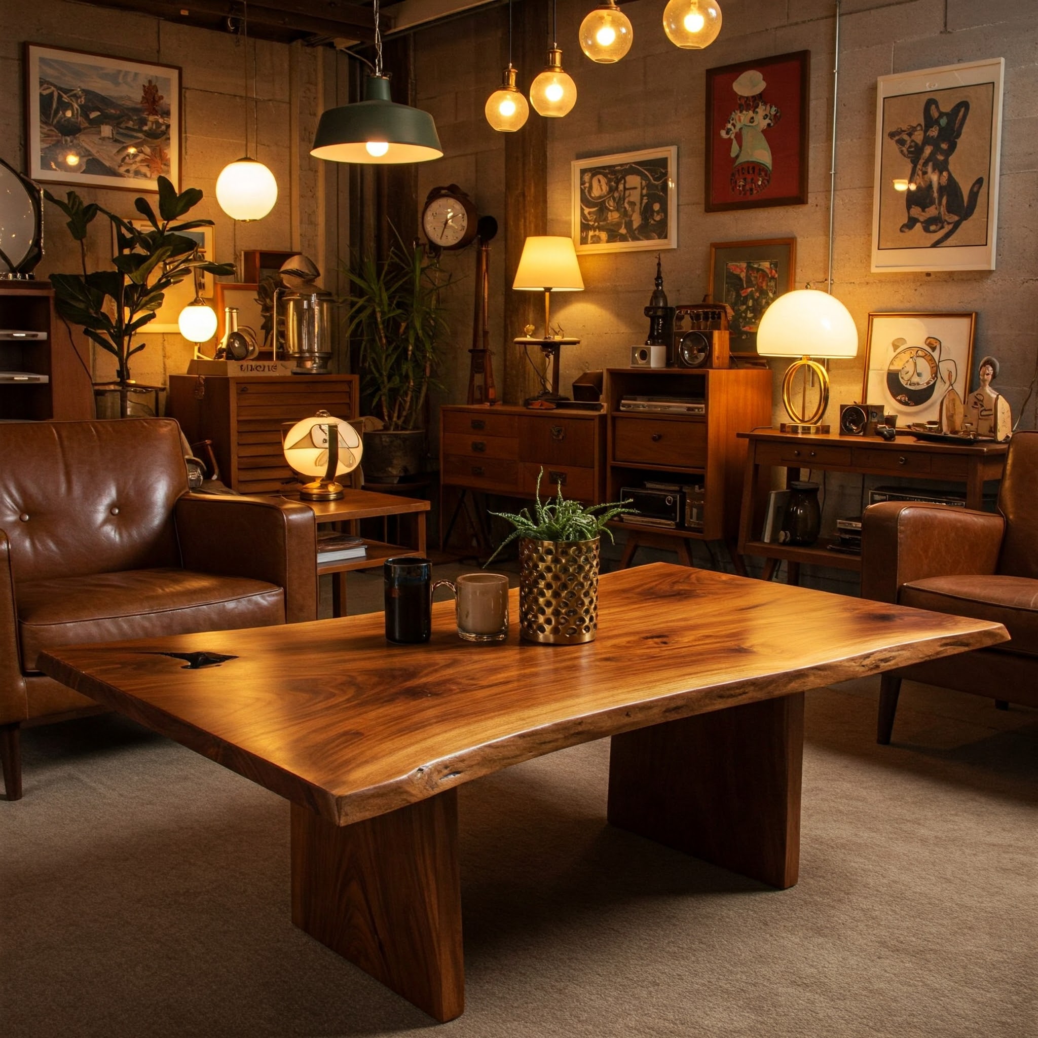 A mid-century modern style live edge table with a rich, warm grain, a subtle butterfly inlay, and a smooth satin finish.
