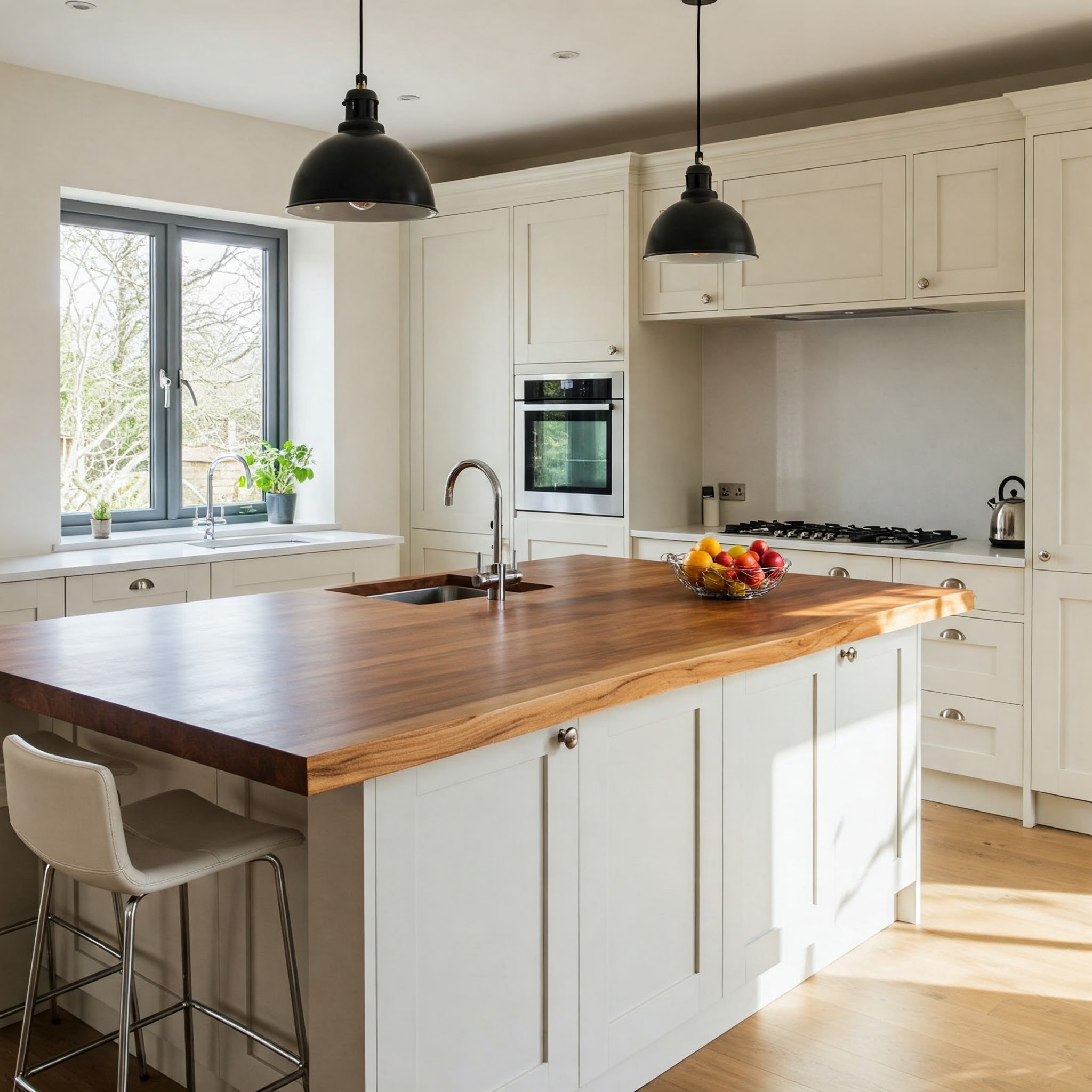 A luxury classic shaker kitchen's focus is a live edge island with a rich walnut top and an integrated prep sink.