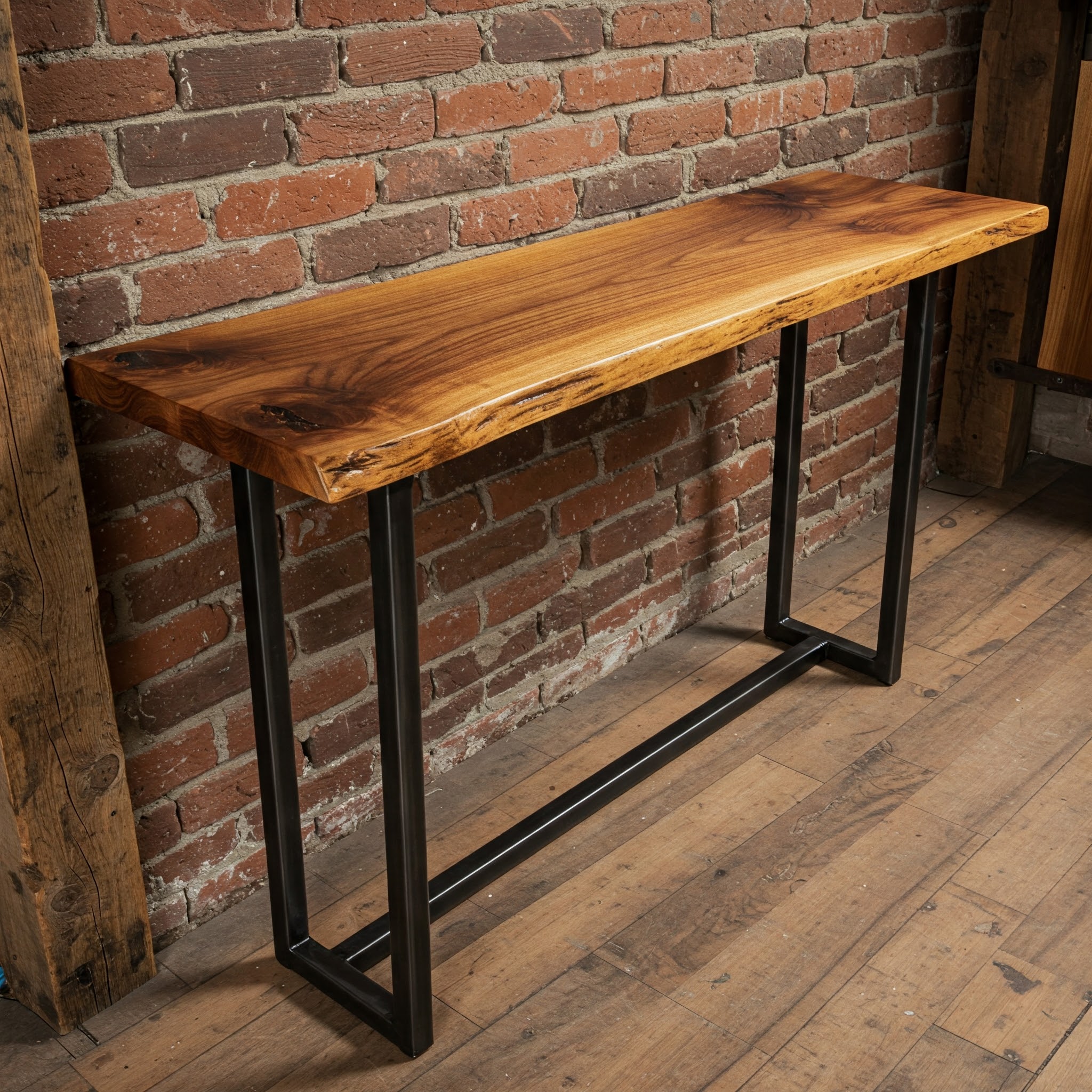 A slim, live edge console table featuring a rich, high-contrast suar wood grain with several dramatic, dark knots.