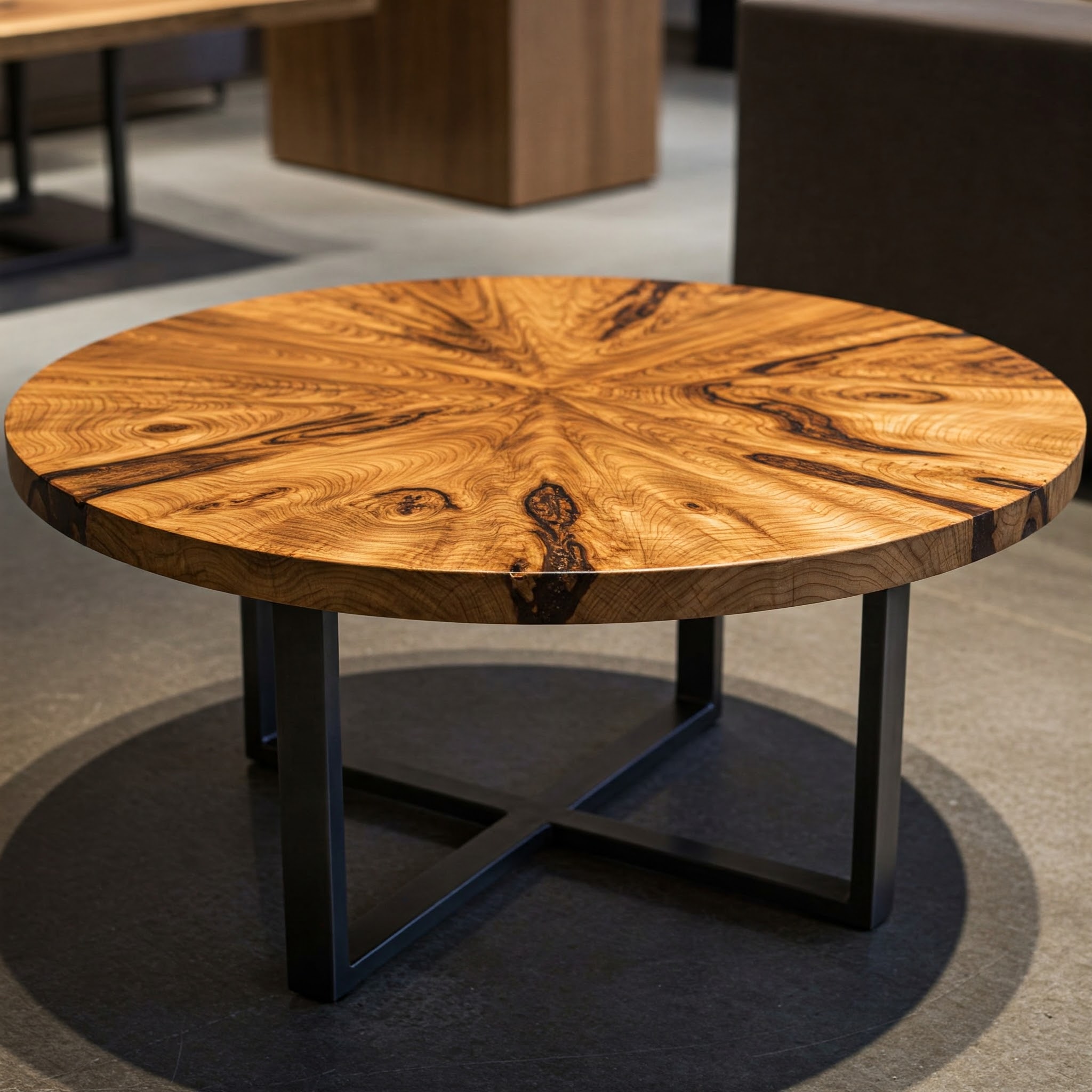 A round coffee table with a mesmerizing starburst grain pattern radiating from the center of the richly colored suar wood.