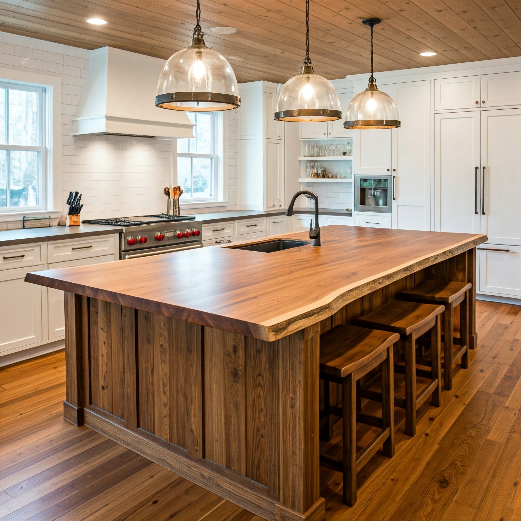 Bespoke live edge kitchen island with a thick, single-slab worktop, set within a luxurious modern farmhouse kitchen.