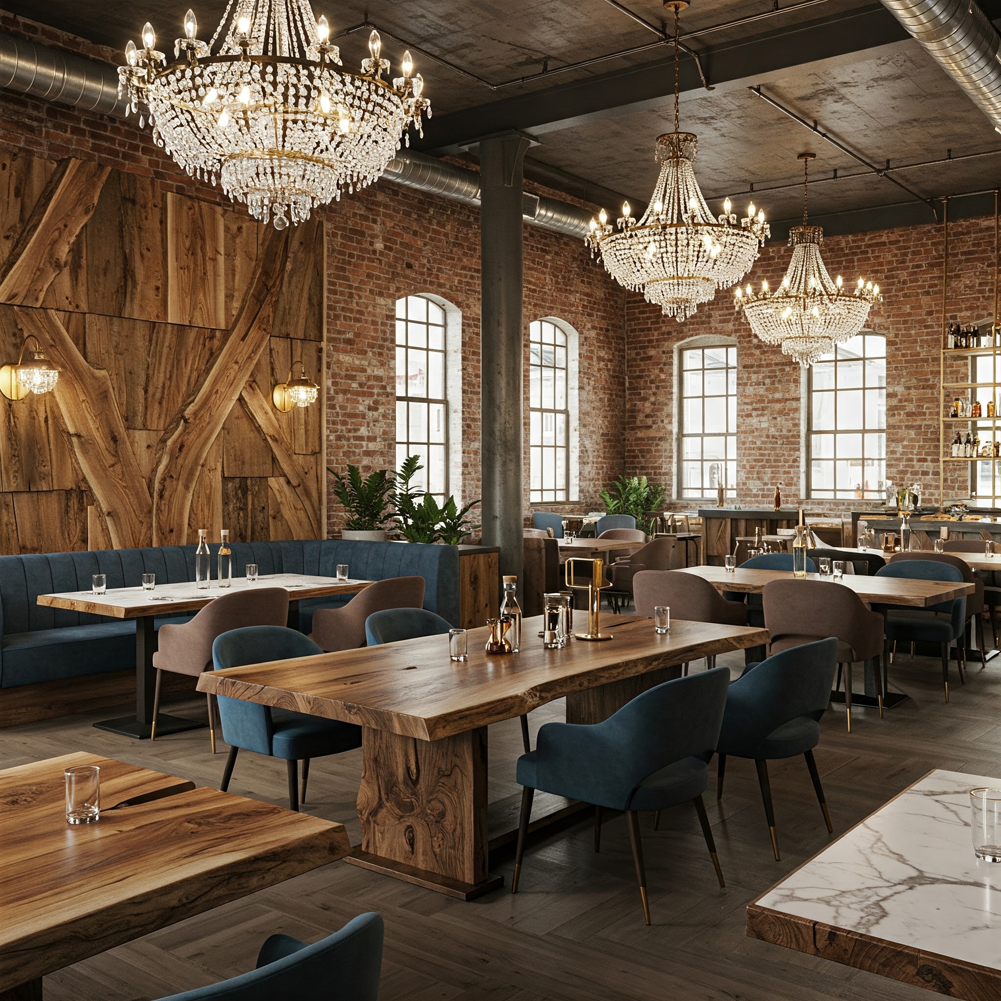 A luxury rustic-glam restaurant featuring bespoke live edge tables, wood wall paneling, and crystal chandeliers.