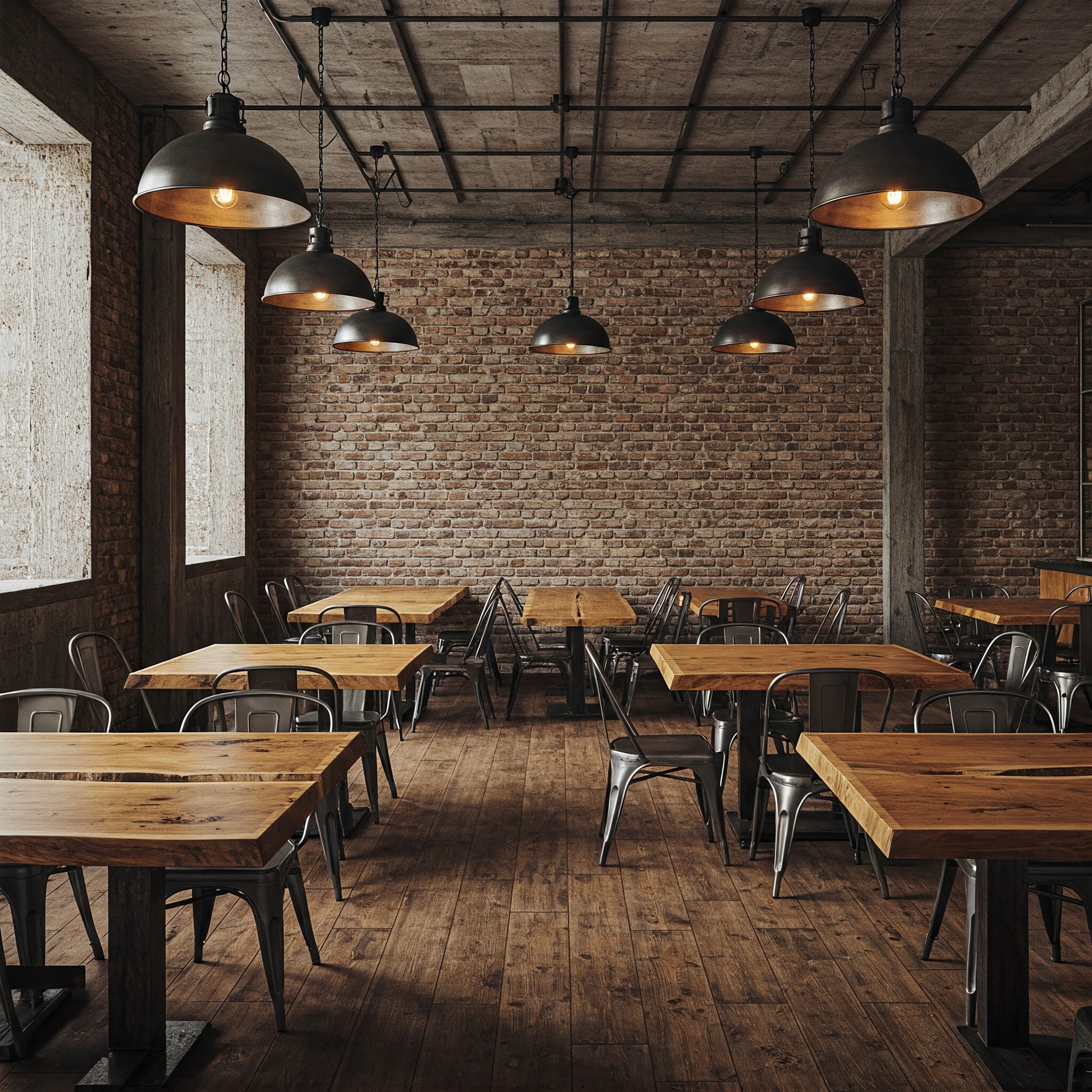 The authentic atmosphere of a rustic-industrial restaurant, furnished with solid wood tables and metal chairs.