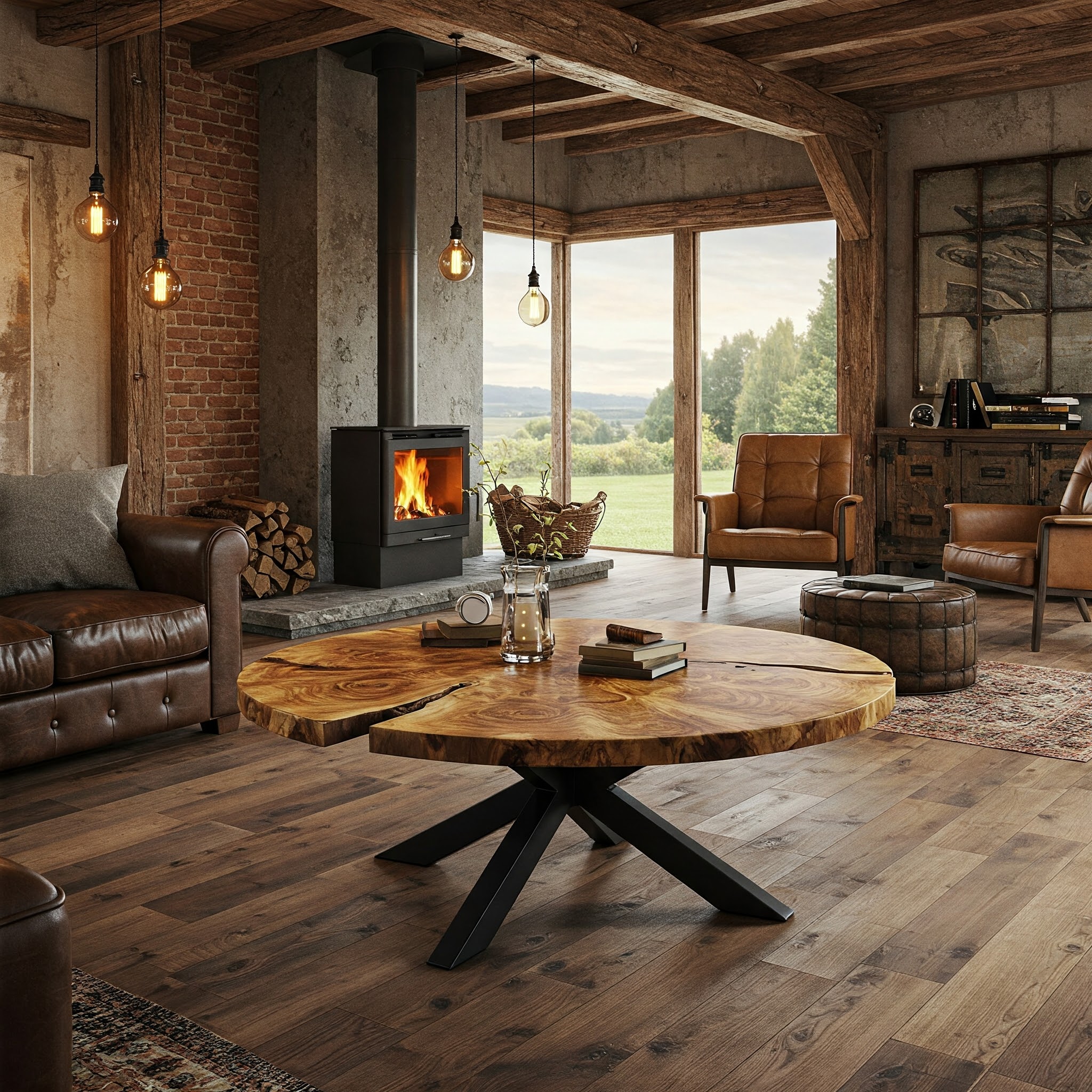 A large, round tree-slice coffee tabletop featuring a beautiful swirling grain and two deep, natural fissures.