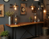 A rustic-industrial live edge console table, featuring a thick, solid slab of suar wood with a rugged, uneven natural contour.