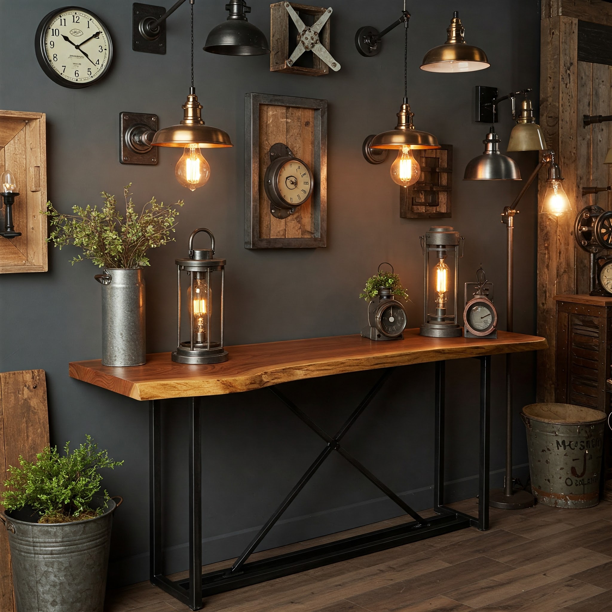 A rustic-industrial live edge console table, featuring a thick, solid slab of suar wood with a rugged, uneven natural contour.