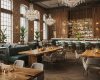 A sophisticated industrial-luxe restaurant with bespoke wood tables, a grand bar, and crystal chandeliers.