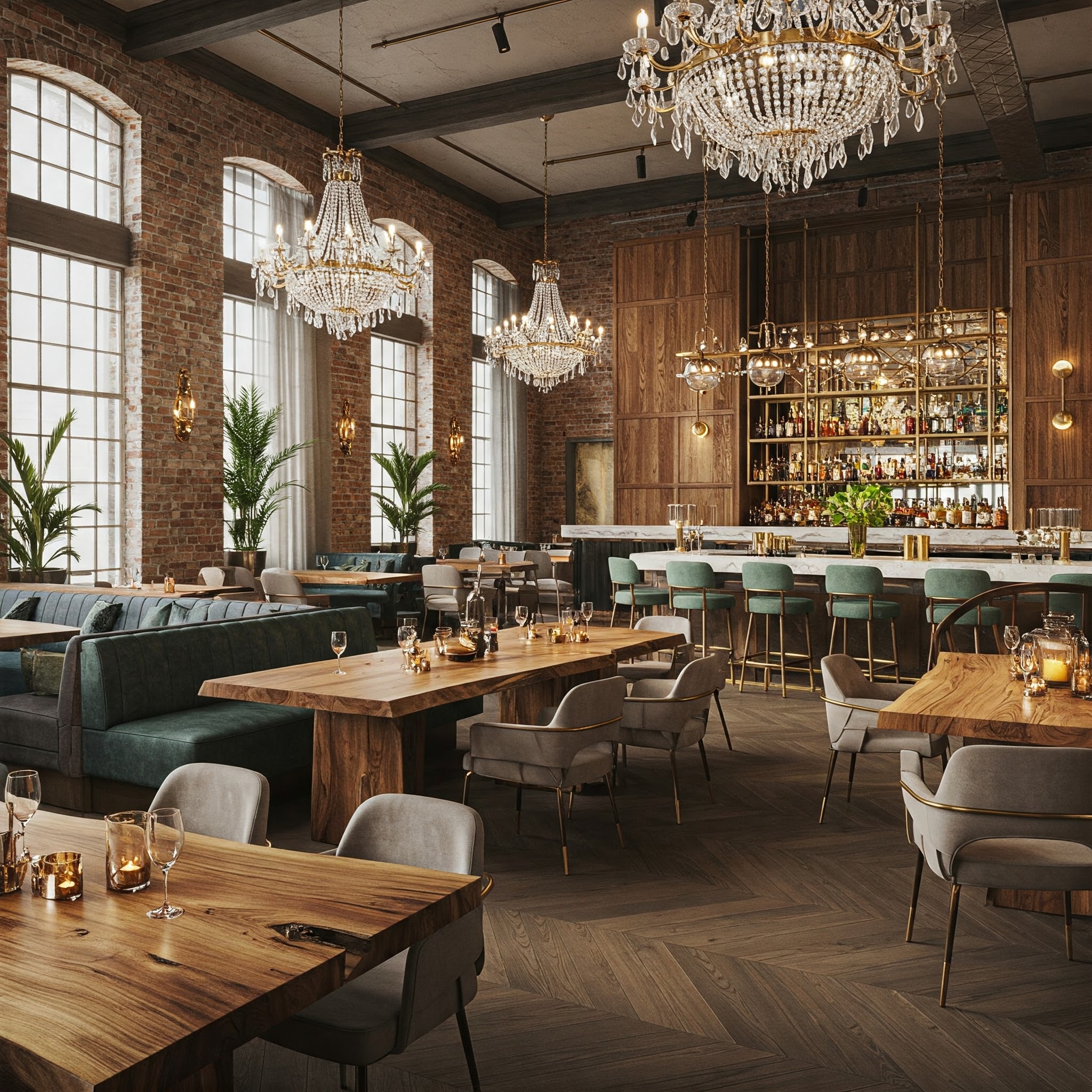 A sophisticated industrial-luxe restaurant with bespoke wood tables, a grand bar, and crystal chandeliers.