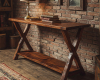 A classic, live-edged console table with a deep, rich wood colour, a solid plank construction, and a smooth, saten finish.