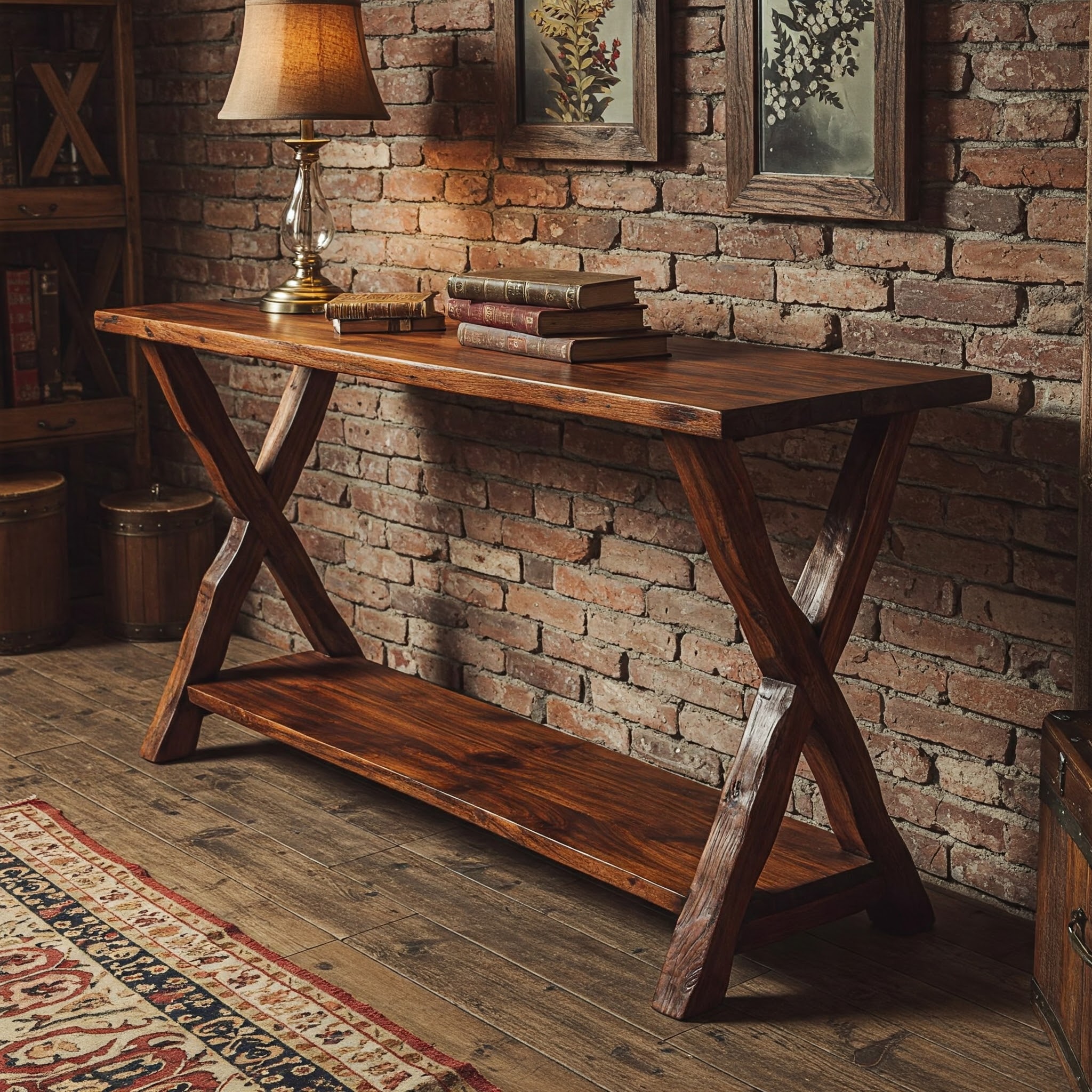 A classic, live-edged console table with a deep, rich wood colour, a solid plank construction, and a smooth, saten finish.