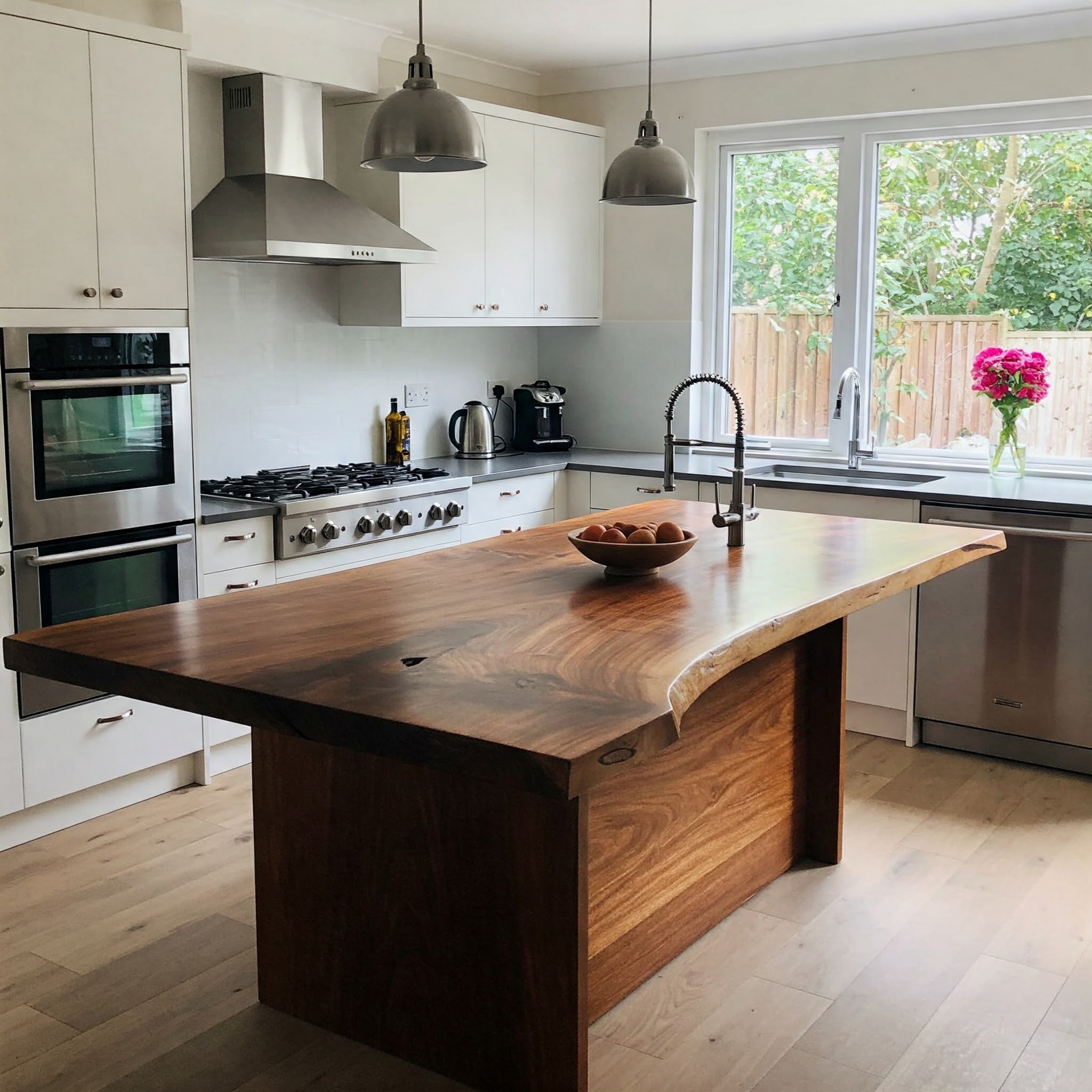 A luxury two-tone kitchen's centerpiece is a live edge island with a thick, rich suar top and an integrated sink.