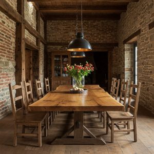 A 10-seater dining tabletop with a topographic, river-like grain flowing through its polished suar wood surface and along its gentle live edge.