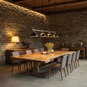 A 10-seater live edge dining tabletop crafted from a light, blonde-toned wood, featuring a gentle contour and a smooth, inviting surface.