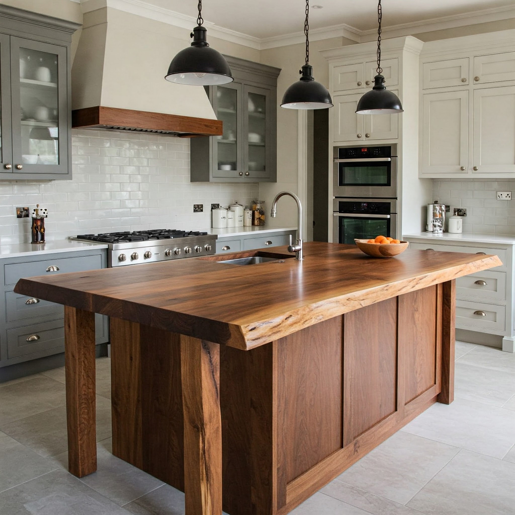 A handcrafted suar wood live edge island with a prep sink is the highlight of this elegant, two-tone kitchen.